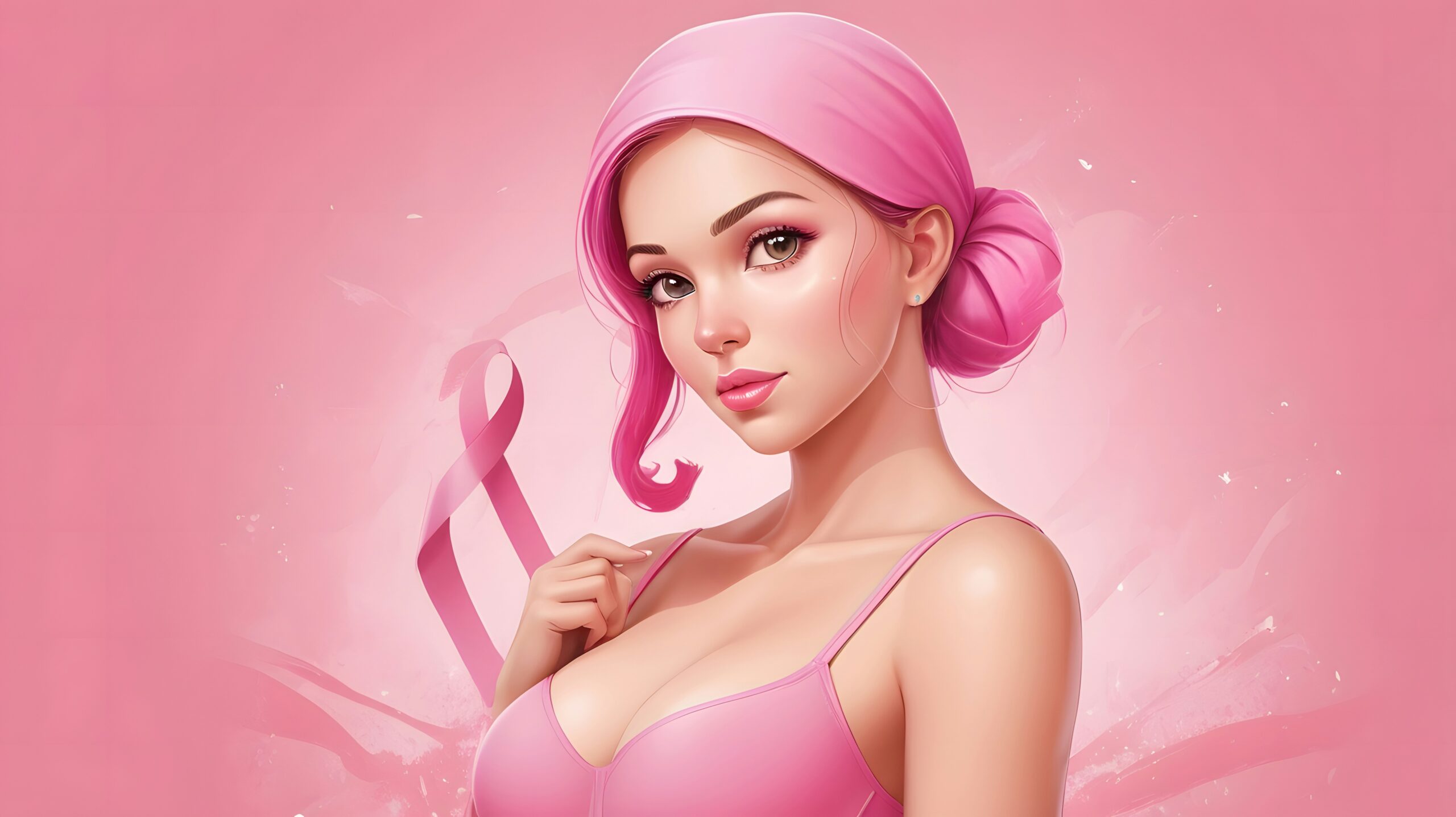 A woman with pink hair and a pink towel on her head