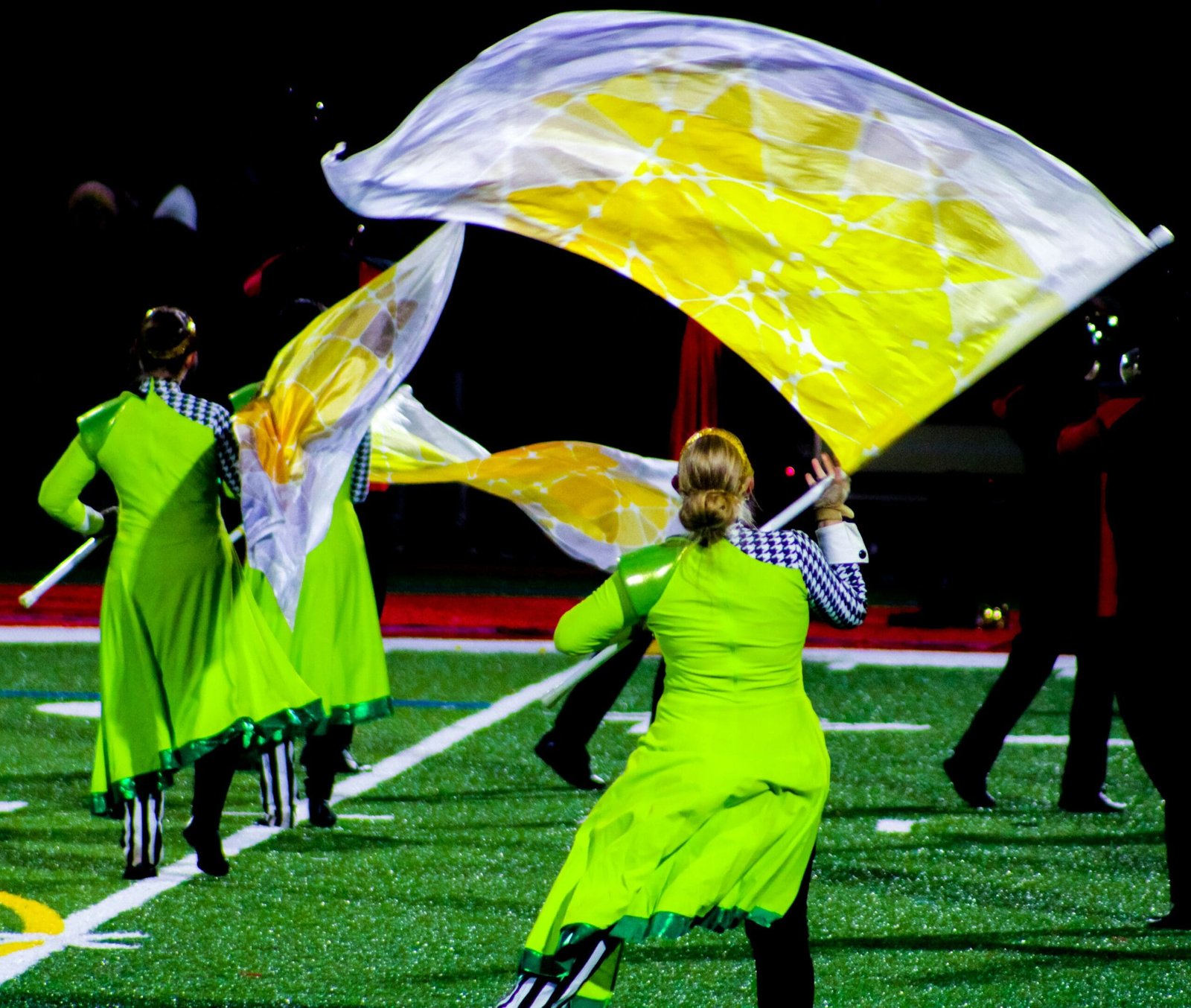 a group of people on a field playing with a kite